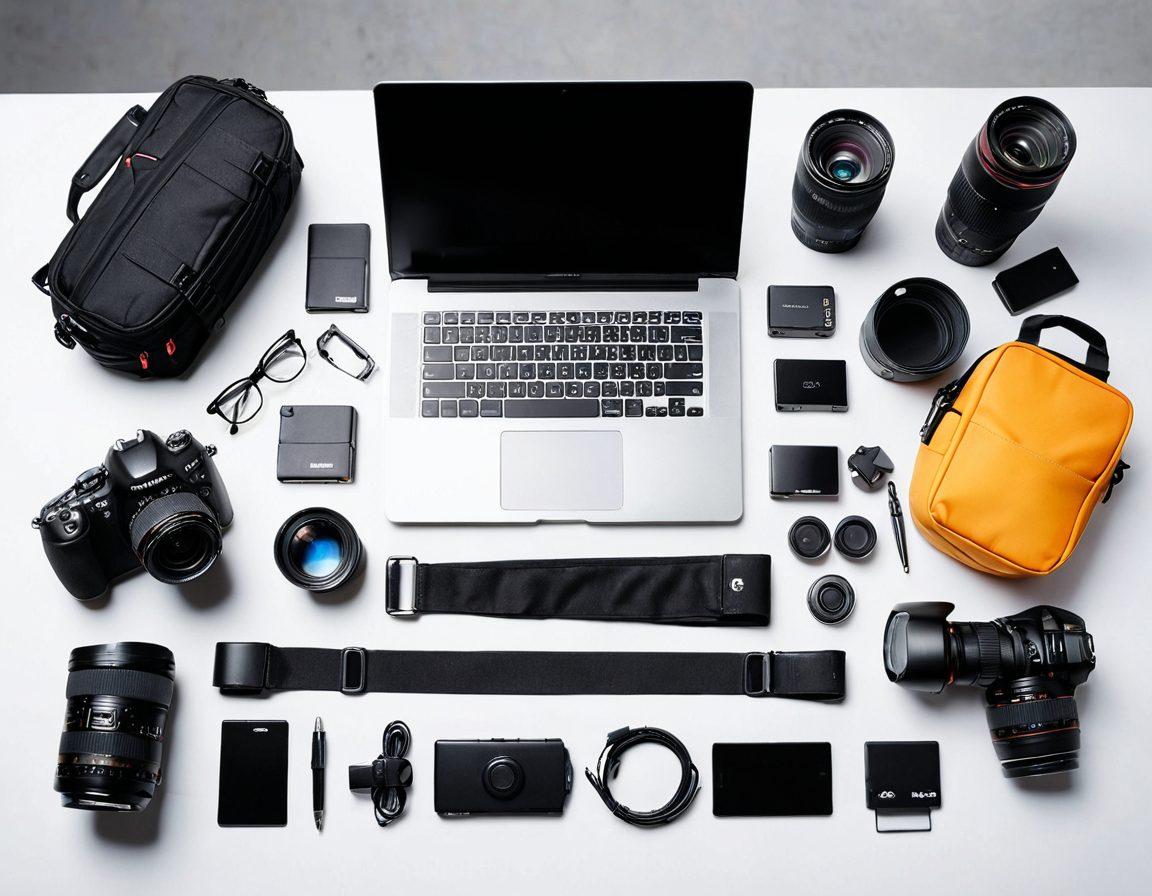 A sleek digital camera setup on a modern desk, surrounded by must-have accessories like stylish camera bags, cutting-edge tripods, various high-quality lenses, memory cards, and cleaning kits. Background shows a well-organized workspace with a laptop displaying photo editing software. vibrant colors. super-realistic. white background.