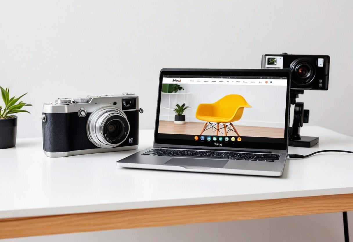 A modern digital camera and a sleek web camera placed side-by-side on a desk, with a computer screen in the background displaying various online reviews and shopping ratings. The scene is illuminated with soft, natural lighting, making the gadgets look appealing. Super-realistic. vibrant colors. white background.